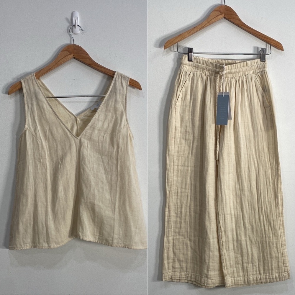 Johnny Was Calme Gauzy Cotton Pant & Top Set XS Tan Beachy